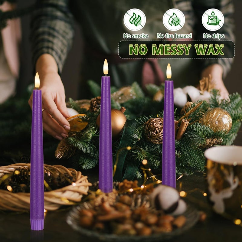 AFINETH Purple Flameless Taper Candles with 3D Wick, 9.6" Real Wax LED Candles with Remote, 3 Pack Flickering Candlesticks Battery Operated, Classic Tall Taper Candle for Home, Wedding, Party - Image 5